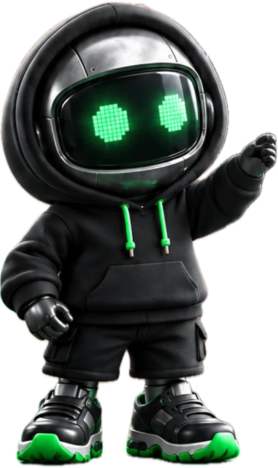 Byte, Bobby’s hoodie robot, standing and pointing at his pet