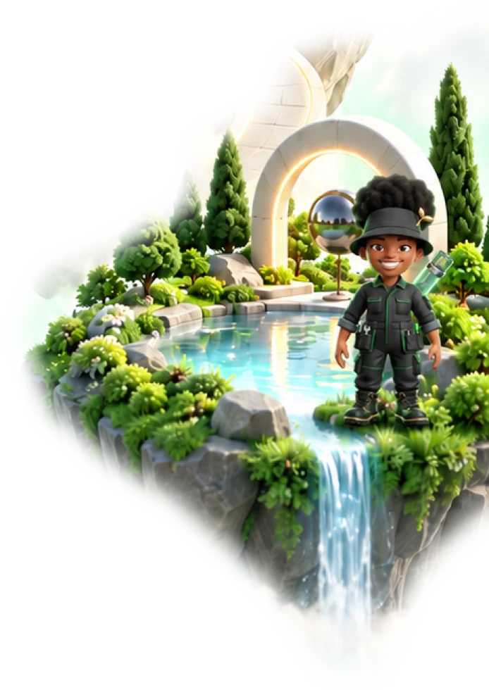The reflecting pool island, with Sol by the water under a stone arch